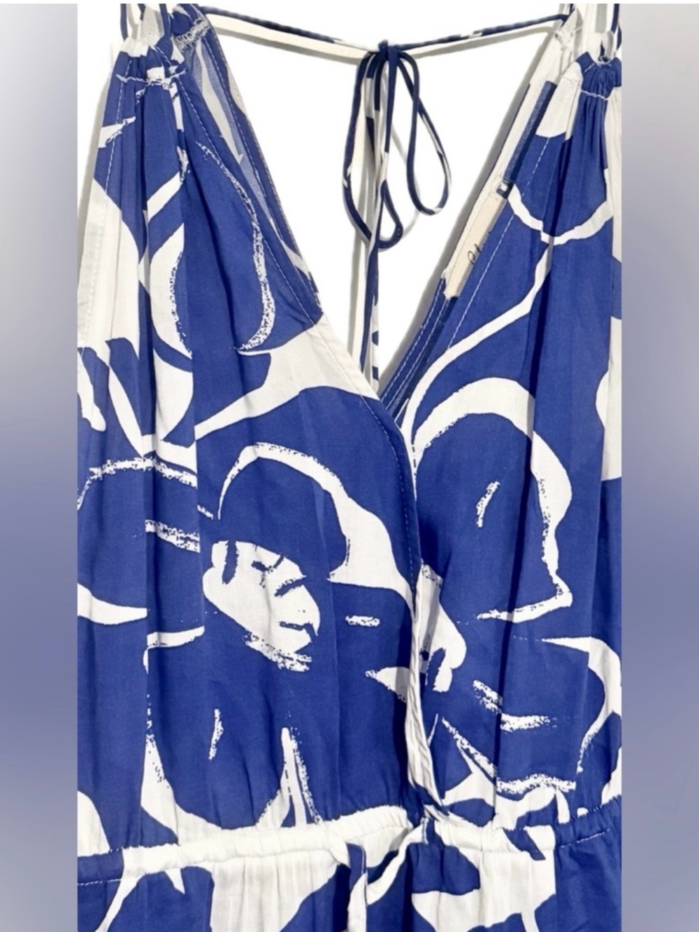 Elan Blue and White Floral Hibiscus Print Maxi Dress with Side Slit - Picture 7 of 9
